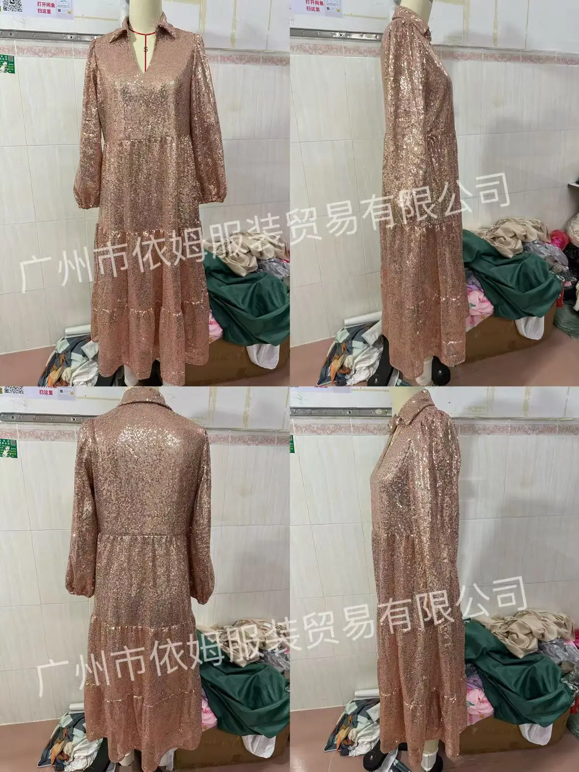 เดรสทรงเอไลน์สำหรับผู้หญิง กระโปรงบานใหญ่ แต่งเลื่อม จับจีบ คอวี แขนยาว ความยาวระดับกลางน่อง เดรสยาวสำหรับงานพรอม งานเดท งานเลี้ยงอย่างเป็นทางการ