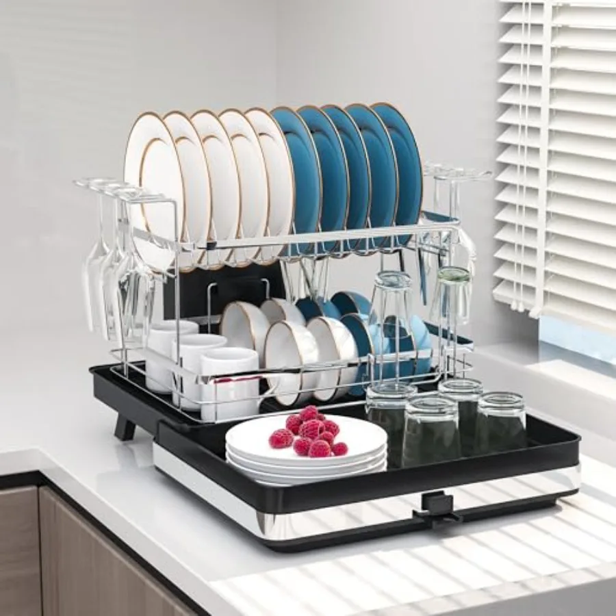 

Pumokc Dish Drying Rack Expandable Large Capacity 2 Tier Dish Drying Rack Stainless Steel Dish Drainer with Utensil Holder Adju