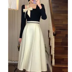 Elegant Hepburn Women Dresses 2024 Spring Korean Fashion Chic Square Collar Bow Long Sleeve Vestidos Patchwork Prom A Line Dress