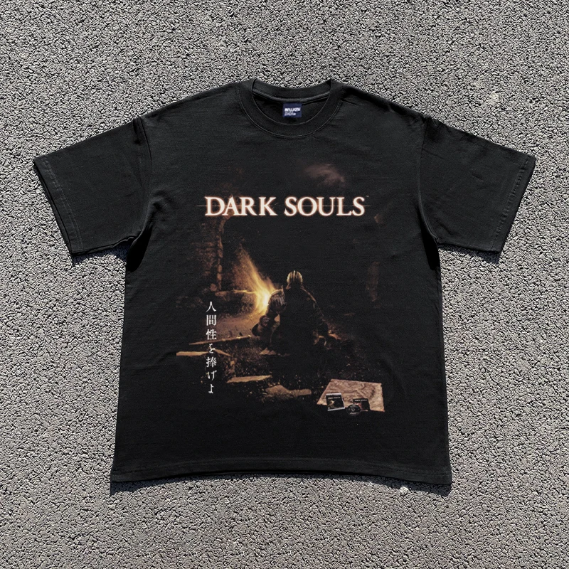 

New Vintage Dark souls Graphic Print T-Shirt Men Y2K Summer Short Sleeve Oversize Tshirt Streetwear Women Tops Hip Hop Black Tee