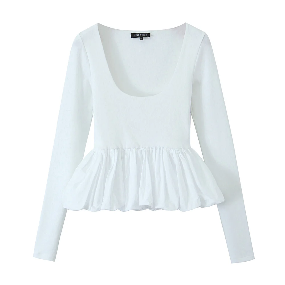Taop&Za 2024 Spring Square Neck White Short Spliced Short Skirt Style Hem Long sleeved Top for Women