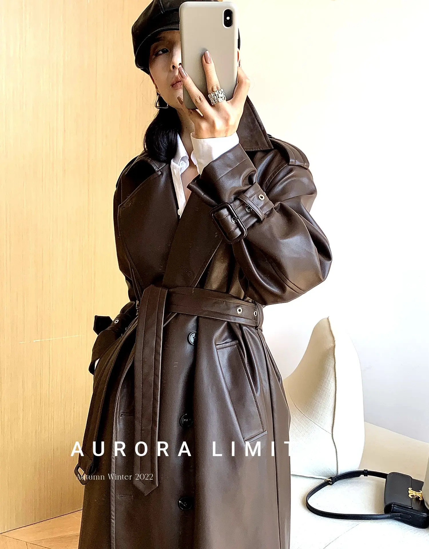 Lautaro Spring Autumn Long Loose Brown Pu Leather Trench Coat for Women Belt Double Breasted American and European Fashion 2023