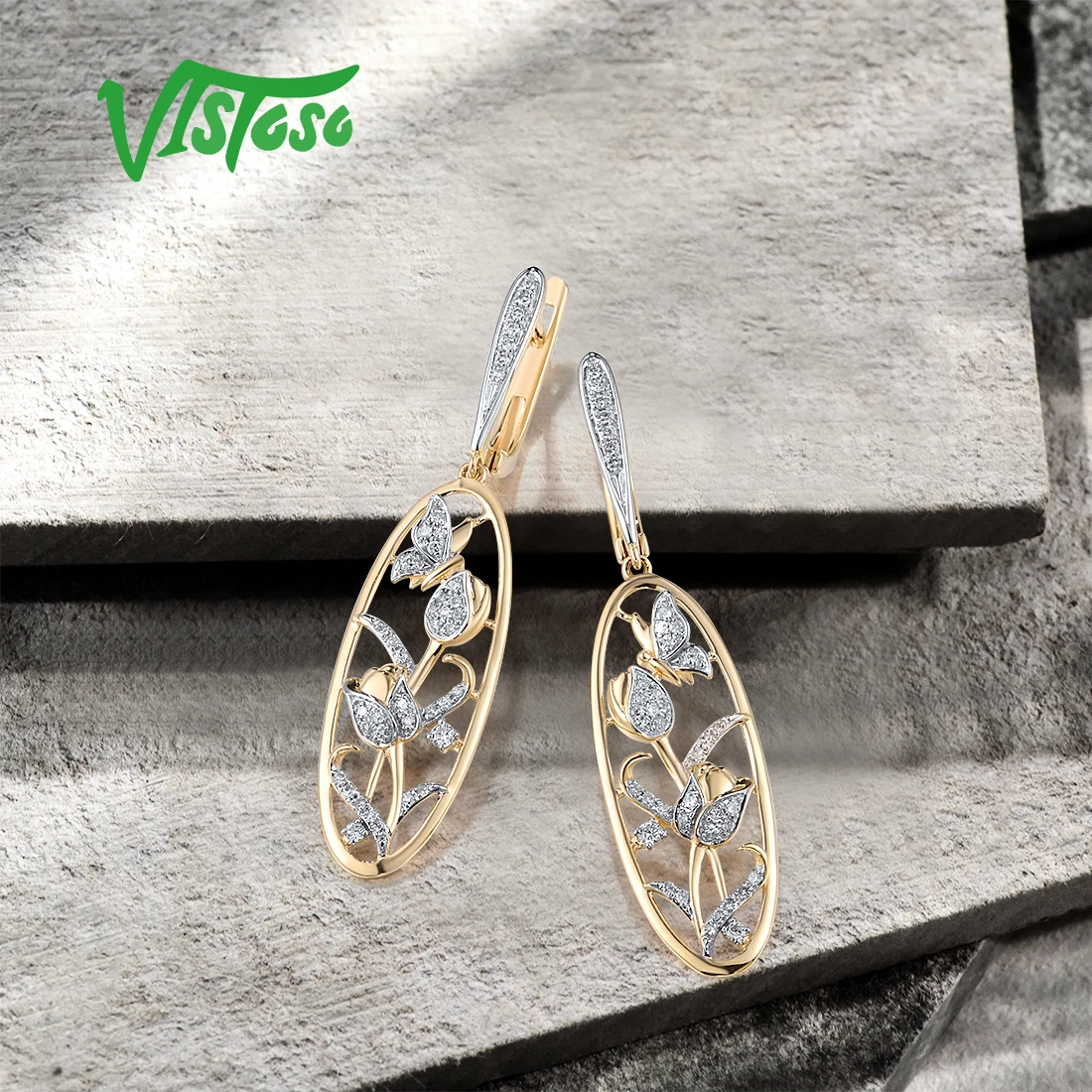 VISTOSO Real 14K 585 Yellow Gold Butterfly & Flower Earrings For Women Sparkling Diamonds Dangling Latch Back Fine Trend Jewelry