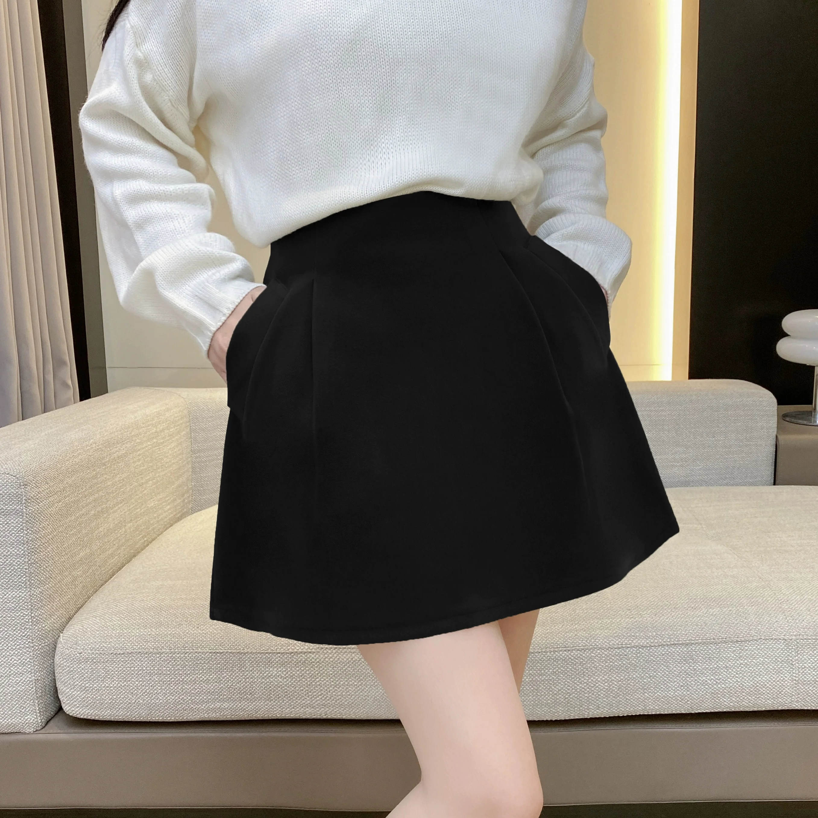 High Waist Umbrella Skirt Women's New Style Woolen Material Autumn Winter A-Line Flower Bud Half Skirt Pants Business City Co...