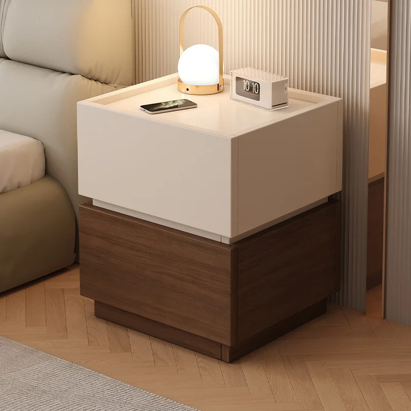 

Minimalist bedside table with row plug-in rechargeable storage bedroom light luxury luxury full solid wood