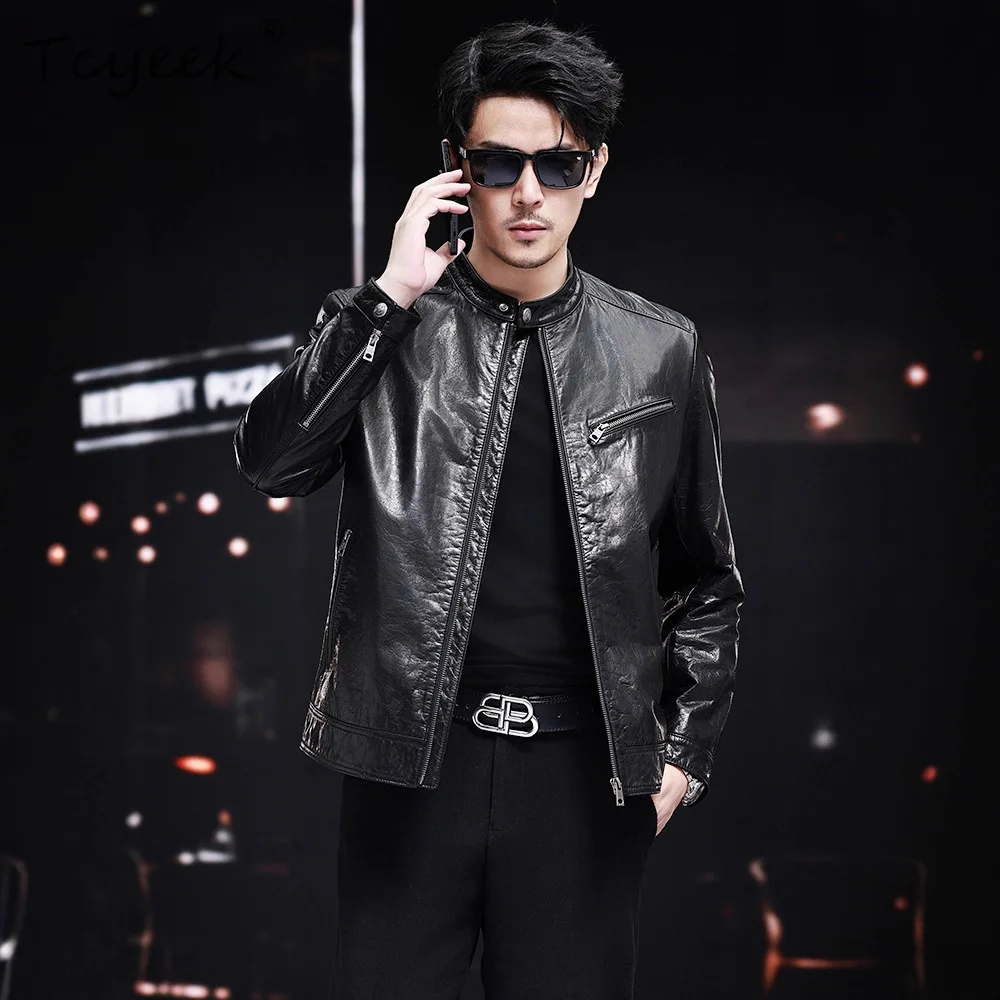 Tcyeek Natural Real Leather Jacket Men 2026 Autumn Clothes Top Layer Cowhide Coat Motocycle Mens Coats Trendy Blouson Cuir Homme