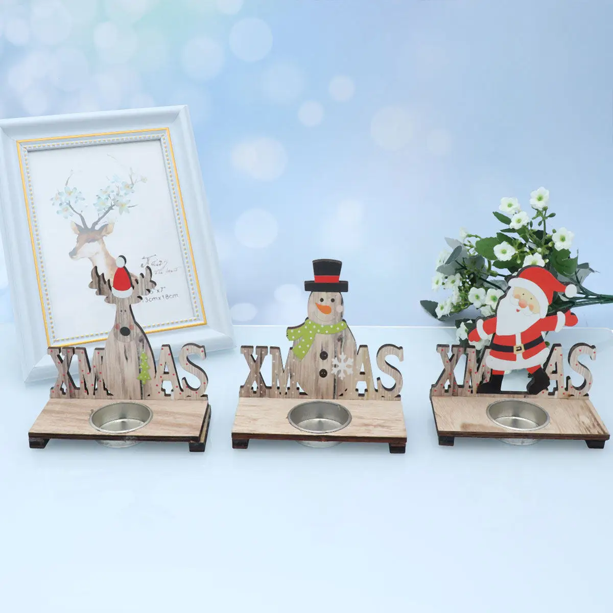 

Набор из 3 деревянных подсвечников для чайных свечей с мультяшными персонажами: Дед Мороз, Снеговик, Олень. Праздничное украшение для дома и столовой.