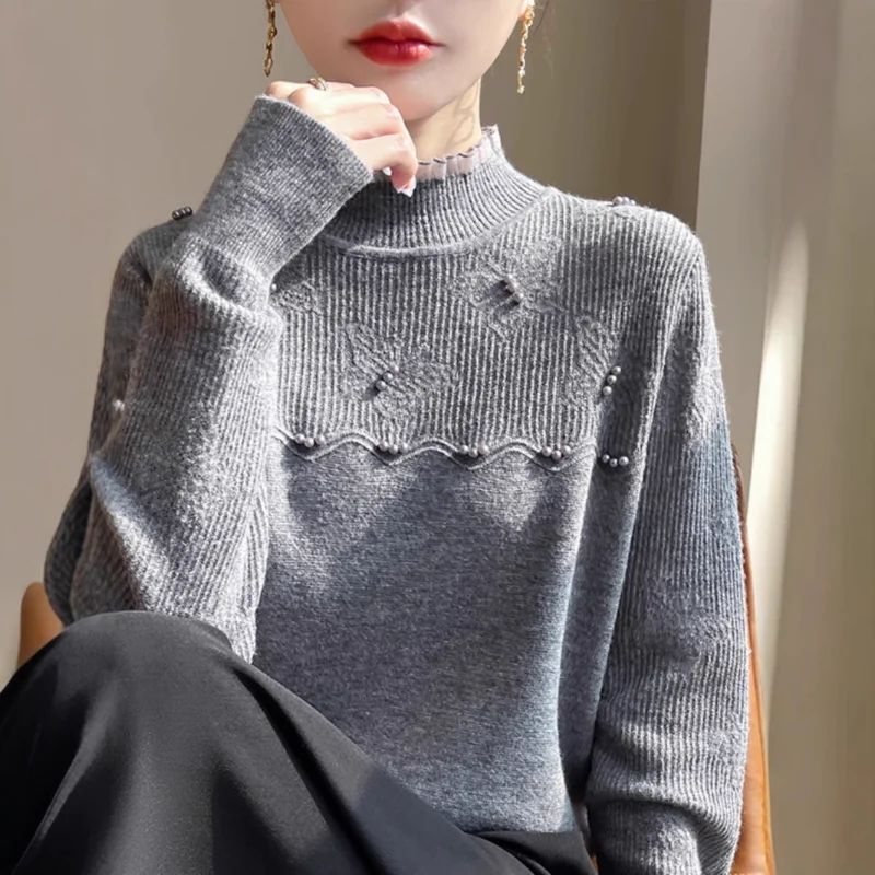

Trendy Ruffled Lace Trim Knit Base Layer Top Autumn Winter New Crochet Beaded High Neck Women's Sweater