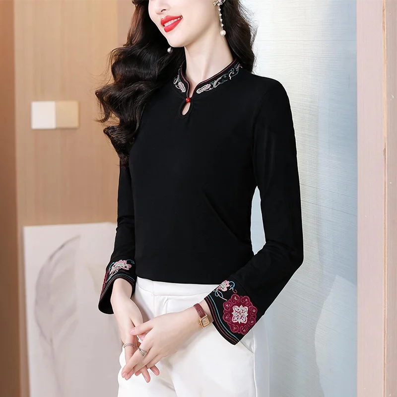 New 2026 Autumn Winter Chinese Style Long Sleeve Embroidered T-Shirt Women's High Collar Base Layer Shirt National Style Top