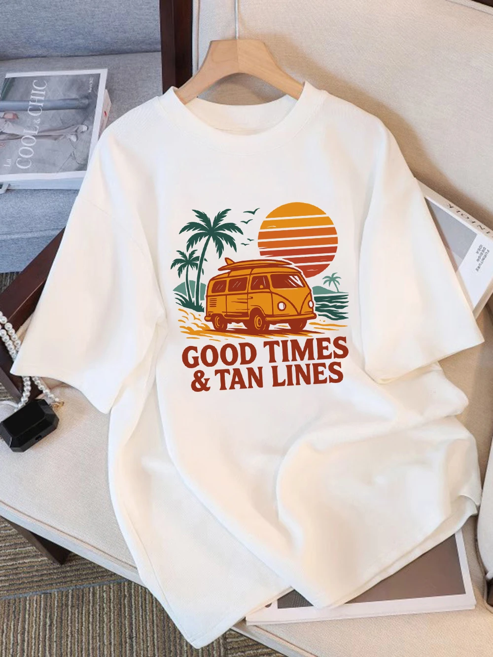 Women T-Shirt Cotton Summer Good Times Tan Lines Printed T Shirt Loose O-Neck Soft Comfortable Tops Holiday Casual Woman Clothes