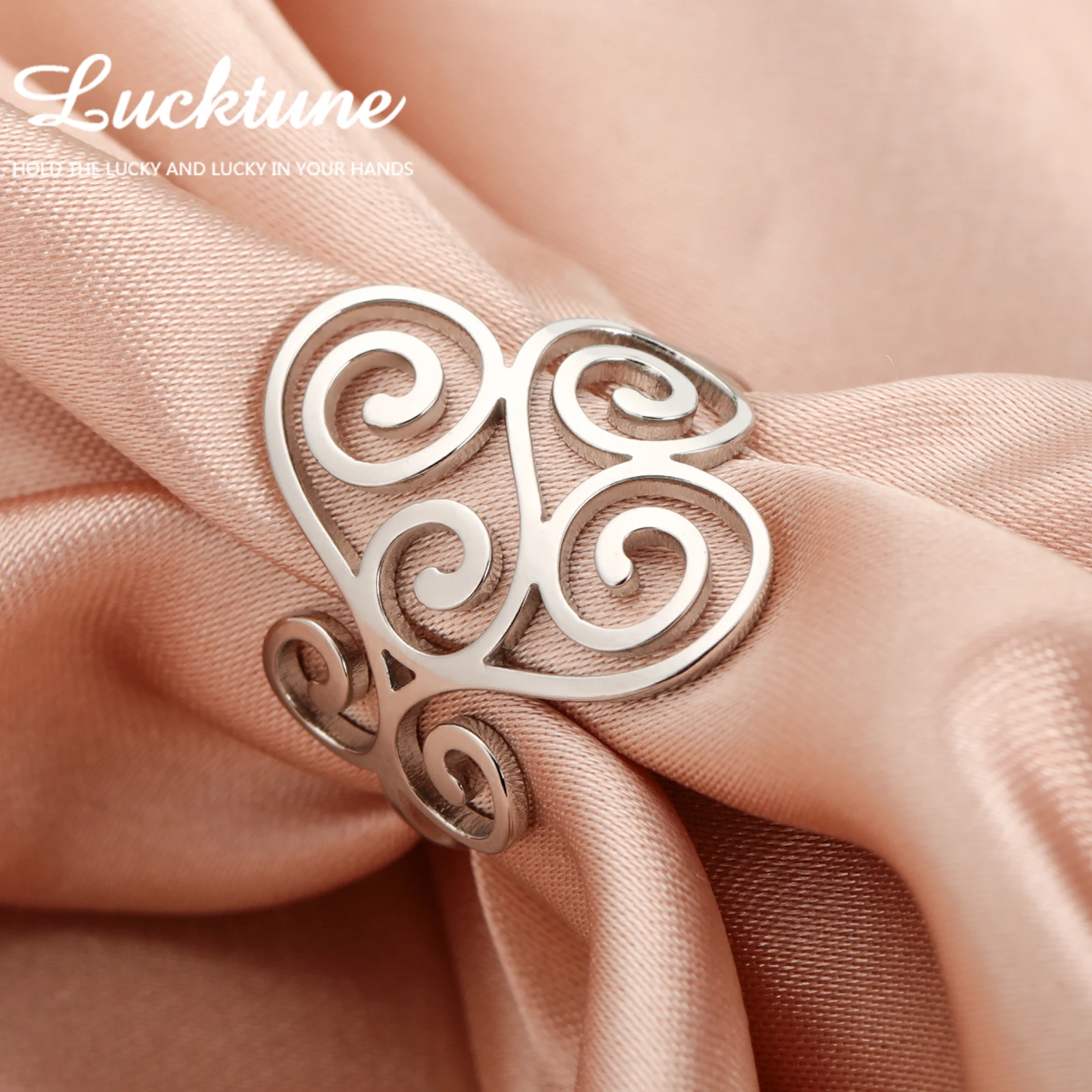 Lucktune Spiral Filigree Flower Ring Stainless Steel Swirl Finger Rings for Women Fashion Unique Jewelry Valentine's Gift New