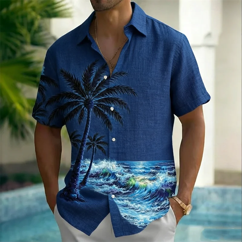 

Новая повседневная рубашка с коротким рукавом из льняной ткани с принтом кокосовых пальм и волн, легкая и тонкая рубашка с отложным воротником для мужчин.