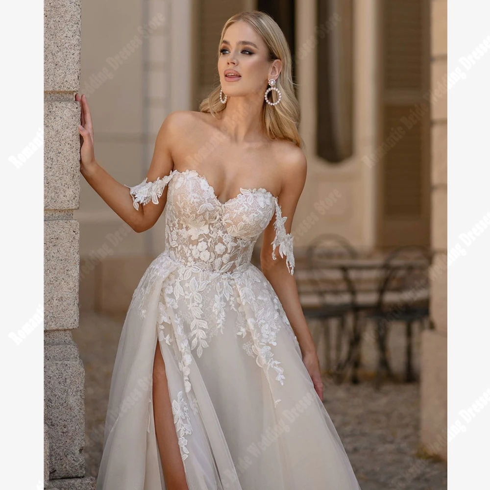 Fora do ombro vestidos de casamento feminino sem mangas princesa vestidos de noiva lindo garfo alto praia vestidos de novias personalizado