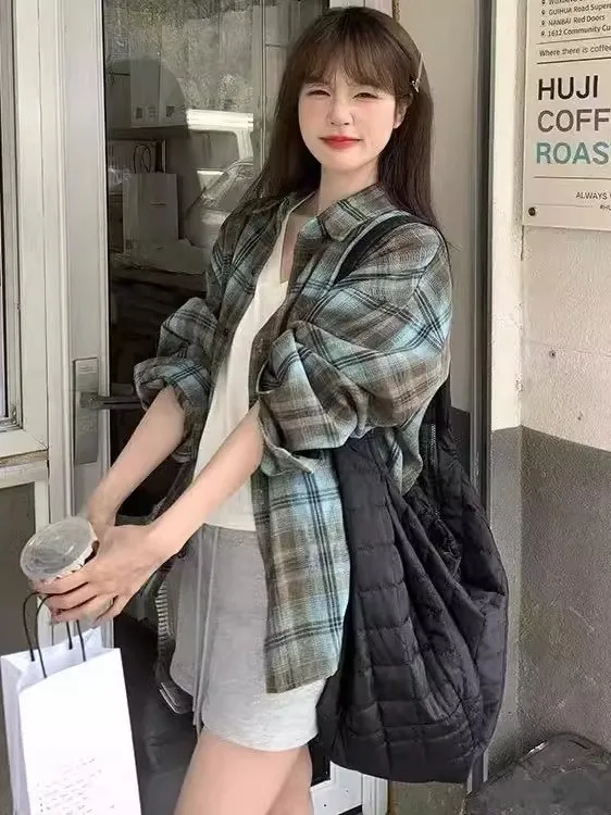 

Свободная женская рубашка в клетку, защитная от солнца, с длинным рукавом, на пуговицах, повседневная, для пар, серия Salt