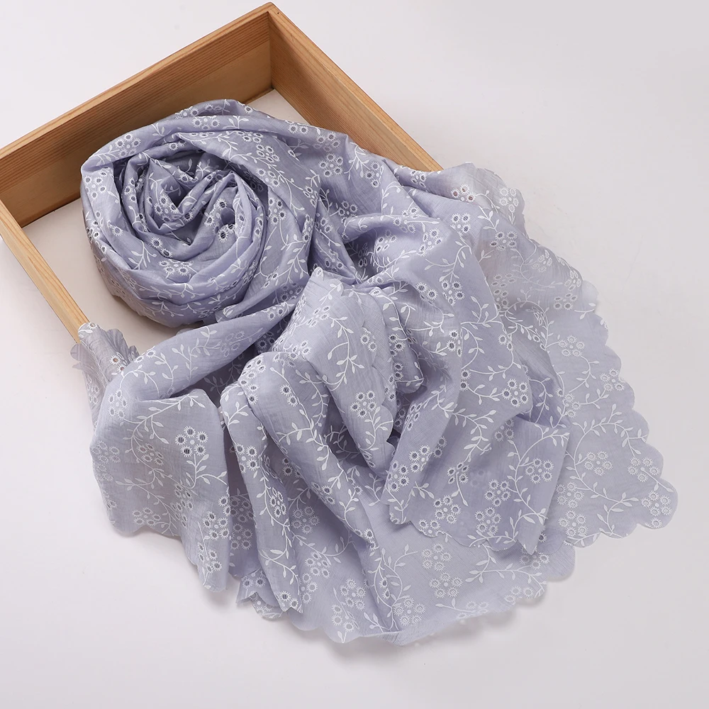 Soft Crinkle Hijab with White Floral Vine Embroidery Scallop Lace Edge Multi‑color Daily Wear Muslim Headscarf Islamic Shawl