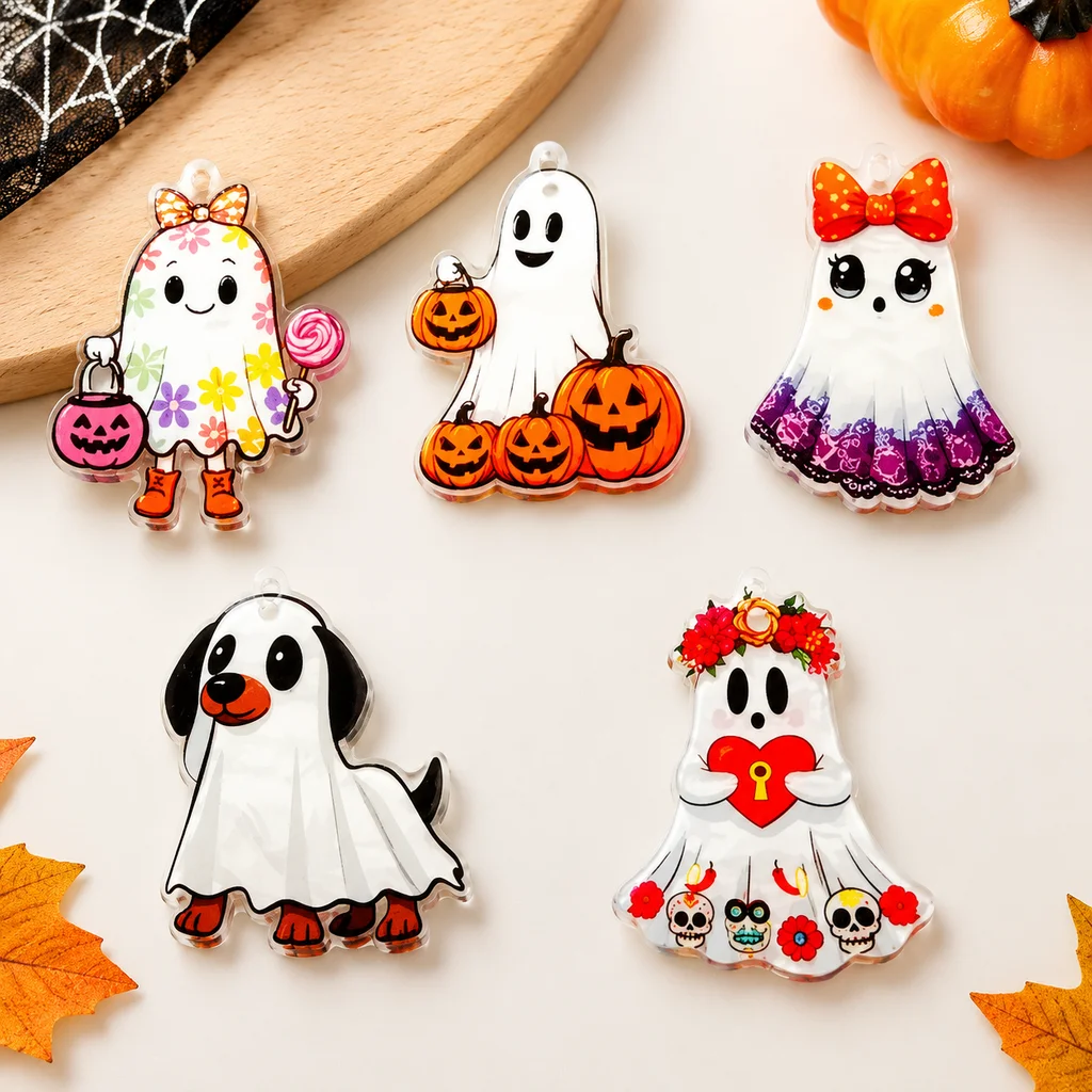 10pcs Cross Border Hot Selling Acrylic Double Sided Printed Color Ghost Halloween Series Pendant DIY Jewelry Pendant