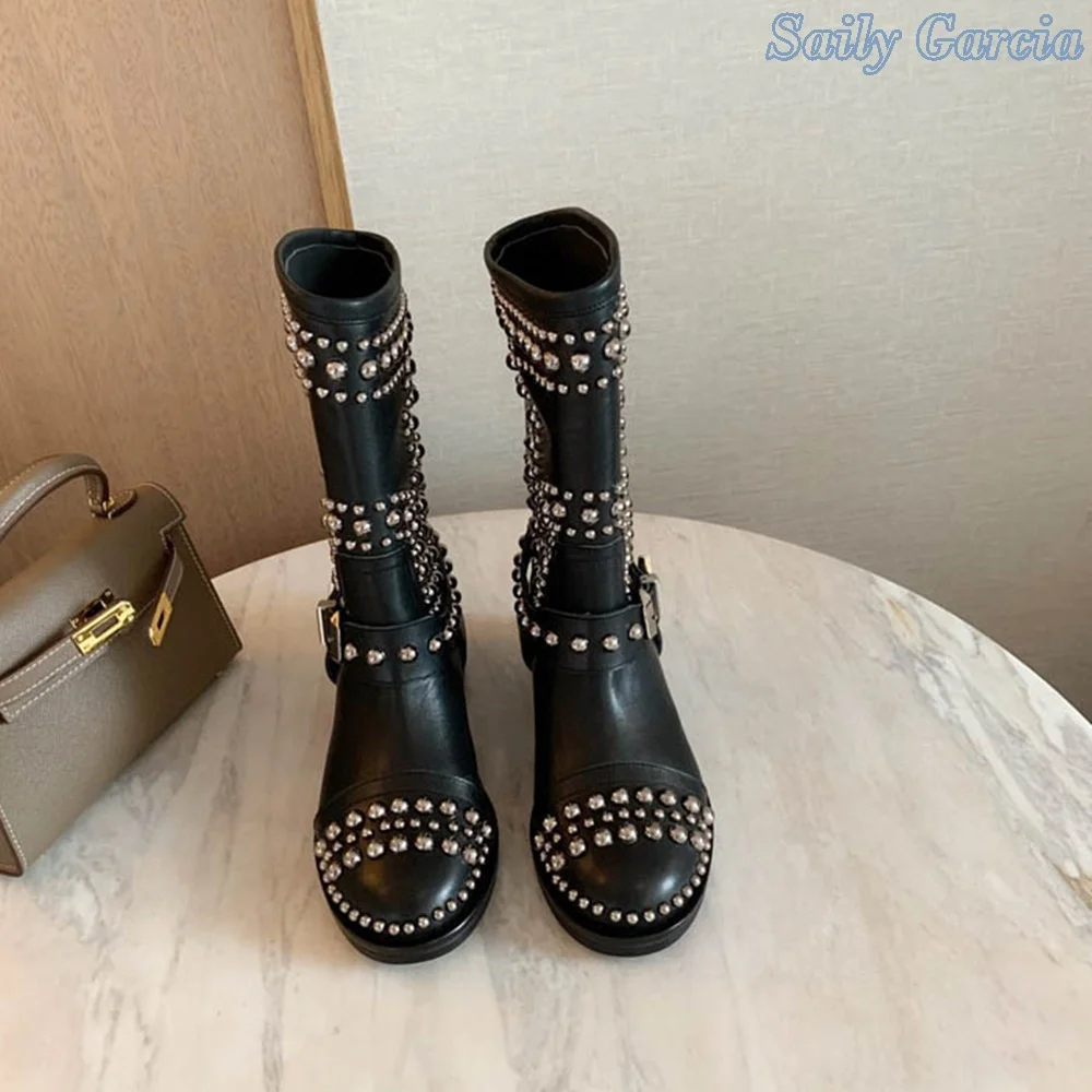 Skull Decoration Leather Stud Designer Boots Ladies Classic Rhinestone Metal Buckle Flat Fashion Winter Punk Haute Couture Shoes