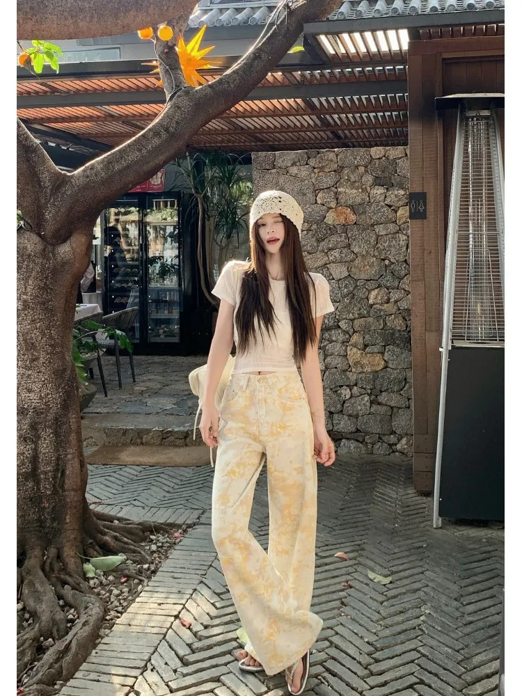 하이웨이스트 염색 프린트 루즈핏 여성 청바지 미국 스타일 여름 와이드 레그 팬츠 스트레이트 컷 바지 롱 플로어 길이 디자인