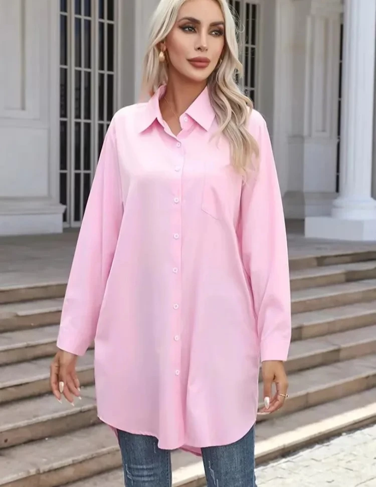 Lockeres und vielseitiges Langarmhemd für Damen im Frühling und Herbst, lässiges Revers für Damen, einfarbiges Basishemd