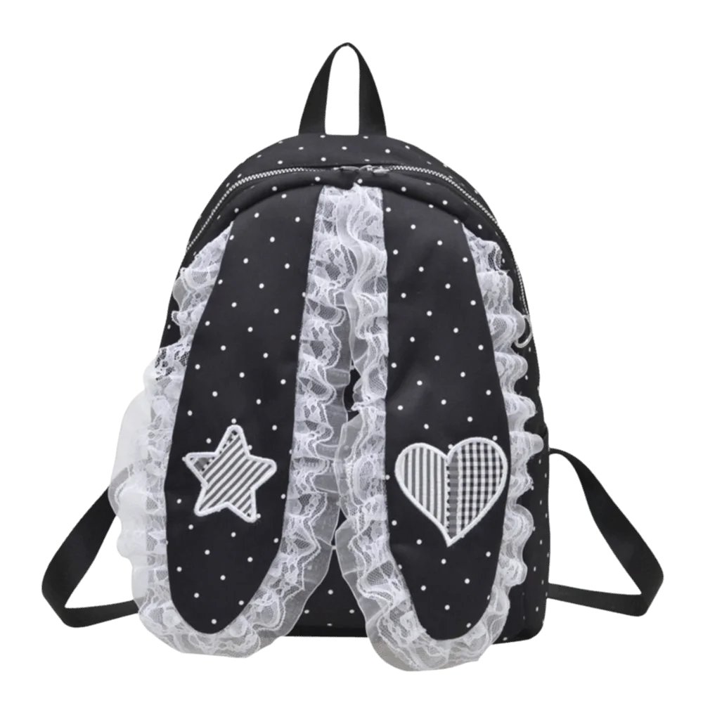 New Polka Dot Bunny Ear Lace Backpack Large Capacity Lightweight Polka Dot Backpack Lace Ruffle Backpack Casual Carry