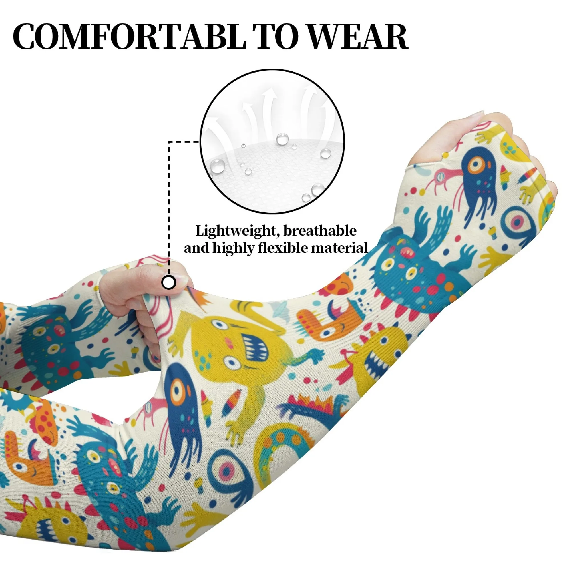 Funny Cartoon Monster Print Ice Arm Sleeve Unisex Non-slip Quick-drying Protective Sleeve Garden Outdoor Sports Protective Cover