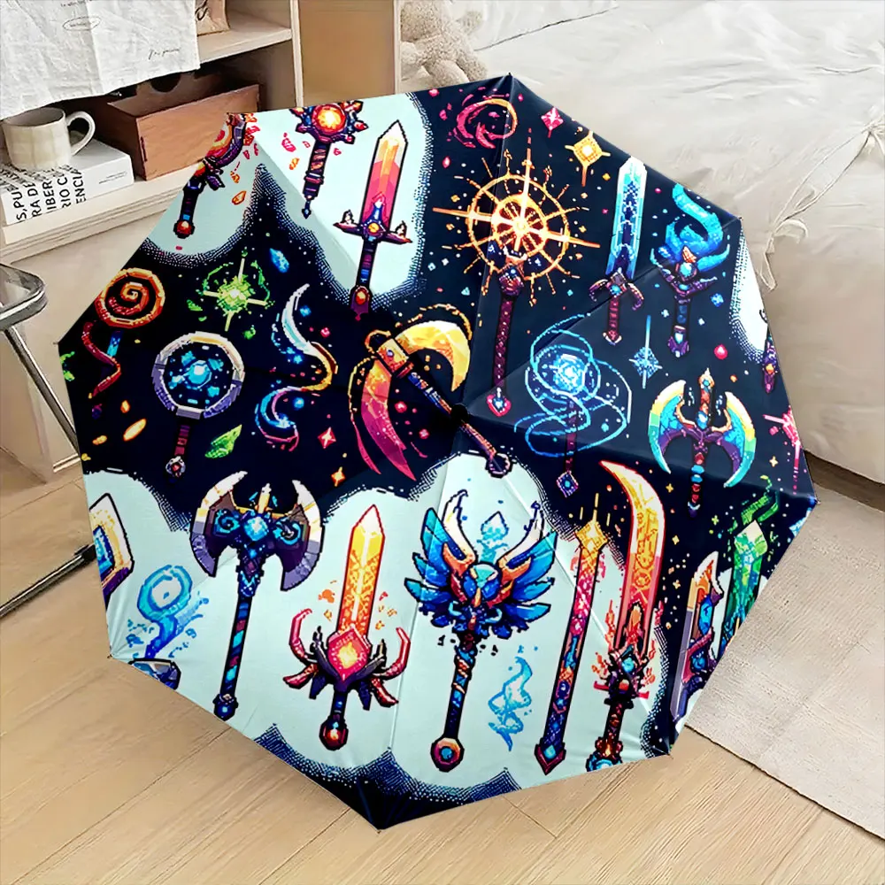 Pixel-Art Fantasy Weapons Design on Dark Background portable waterproof sun rain umbrella for outdoor travel beach