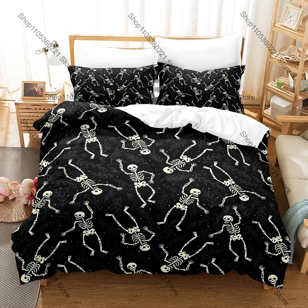 Kawaii Cool Skeleton Bedding Set Single Twin Full Queen King Size Bed Set Adult Bedroom Duvetcover Sets Anime Bed Sheet Set