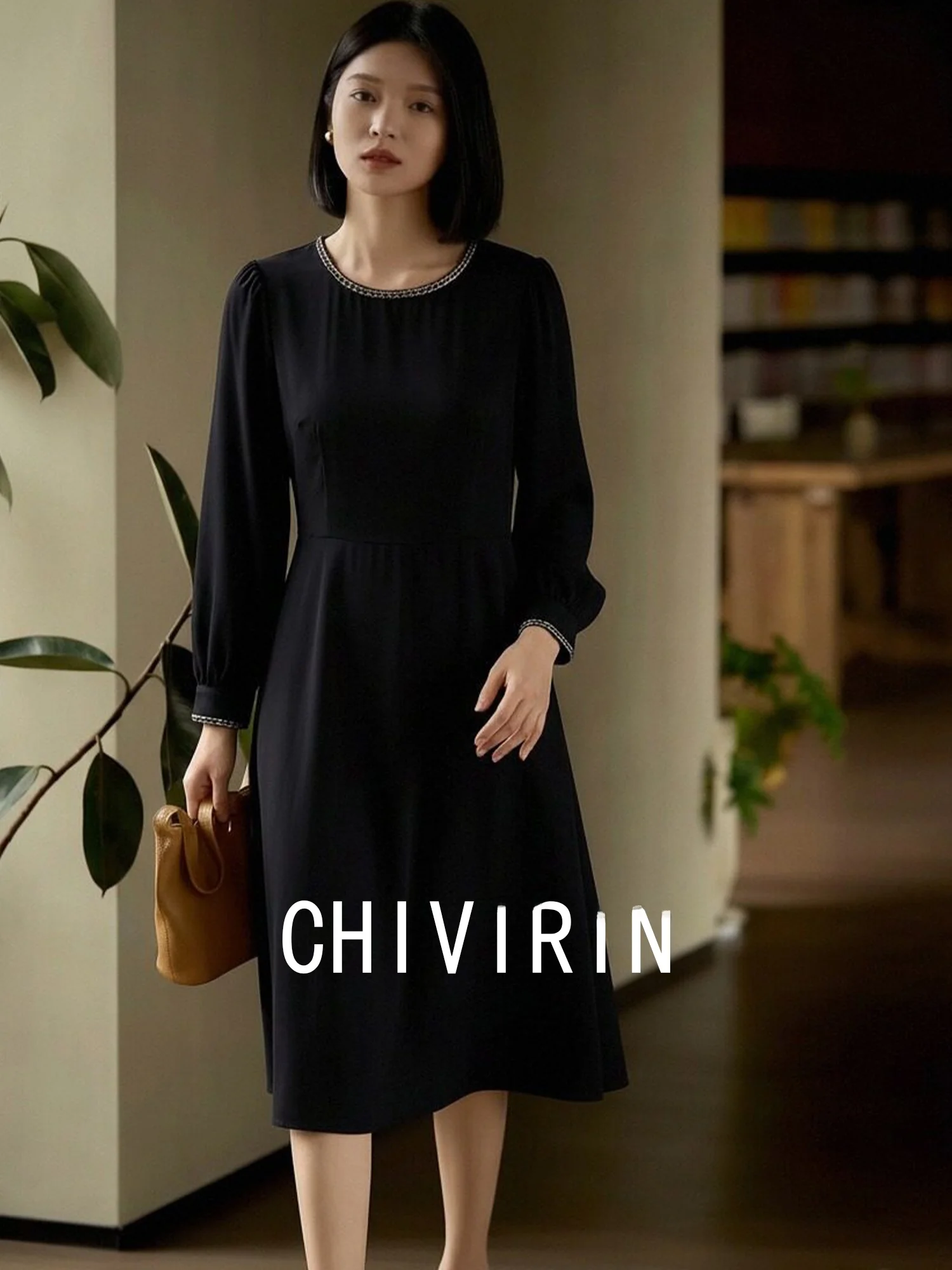 

Chivirin Ele Bla Bubble Long Sve Dr Women's Spring Faion Slimming High Waist mat Sle Polyester Fiber