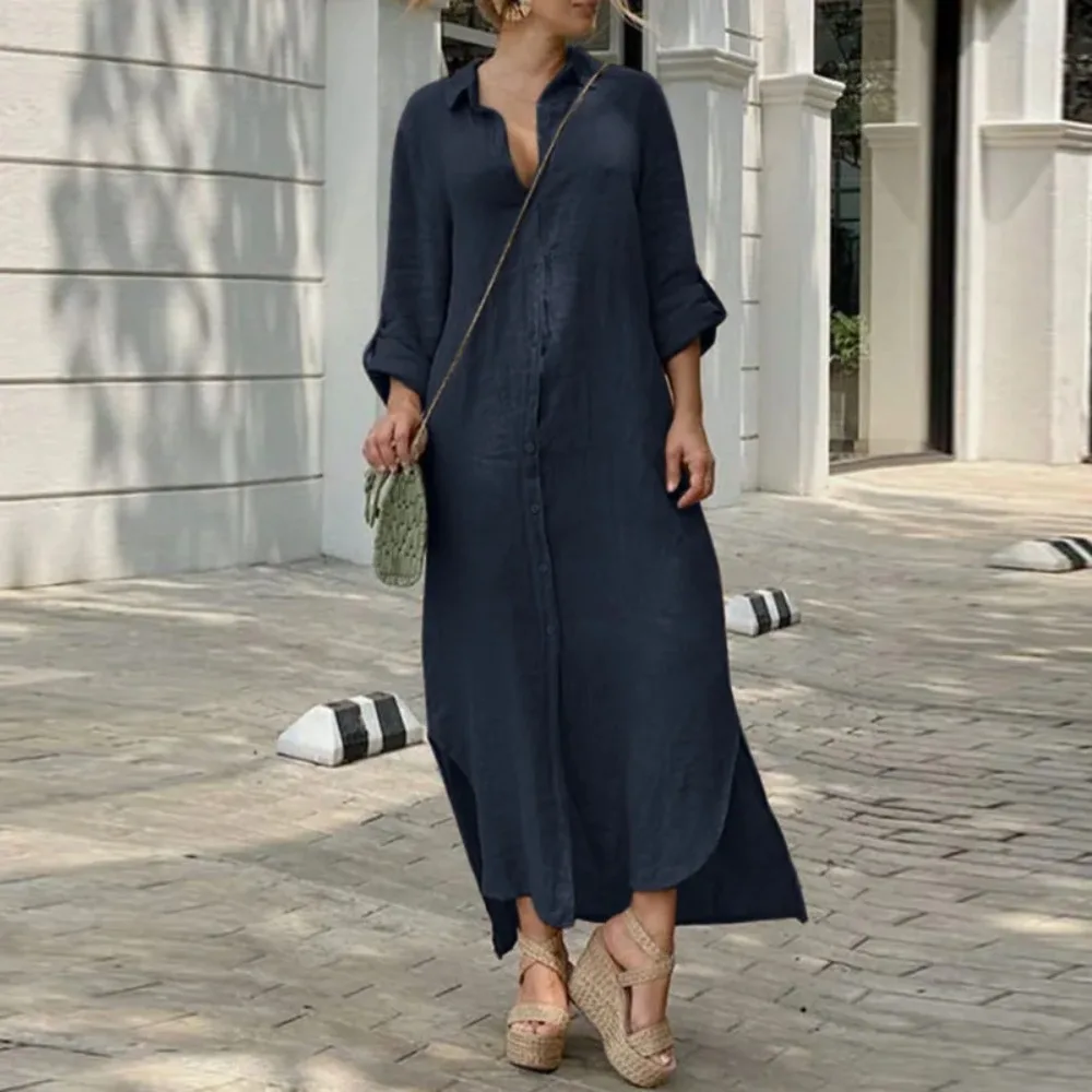 Spring/Summer Women\'s L-5XL Plus Size Oversized Cotton and Linen Long Sleeved Loose Fitting Dress Solid Color Lapel Button Loose