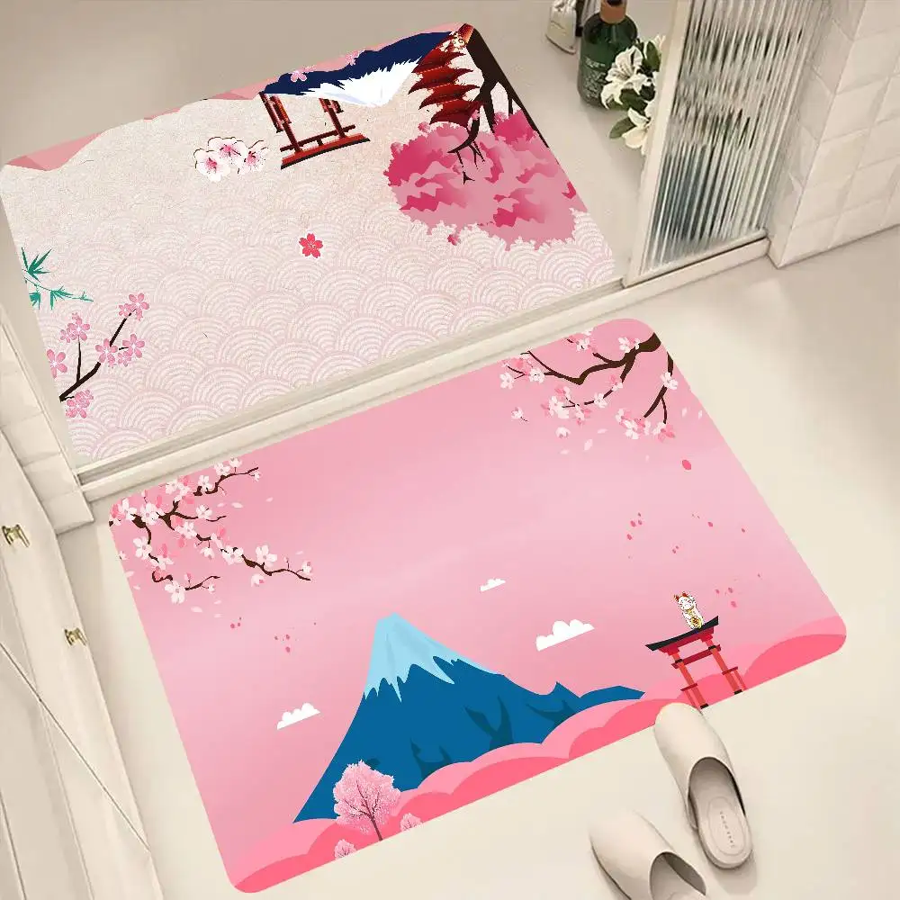 Mount Fuji Kirschblüten Bodenmatte, geeignet für Wohnzimmer, Küche, Badezimmer, rutschfeste Matte, Haushalts-Fußmatte