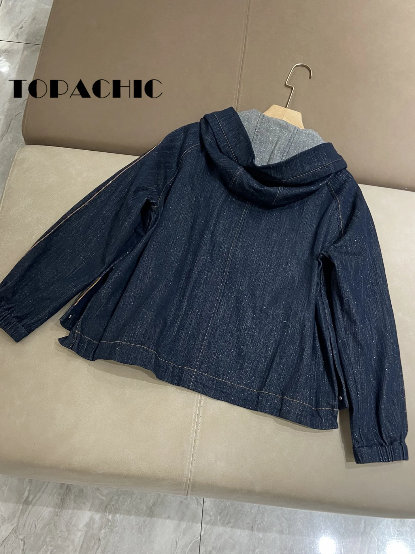 8.23 TOPACHIC-Women High Quality Beading Chain Hooded Loose Zipper Denim Jacket Or High Waist Straight Wide Leg Jeans Set