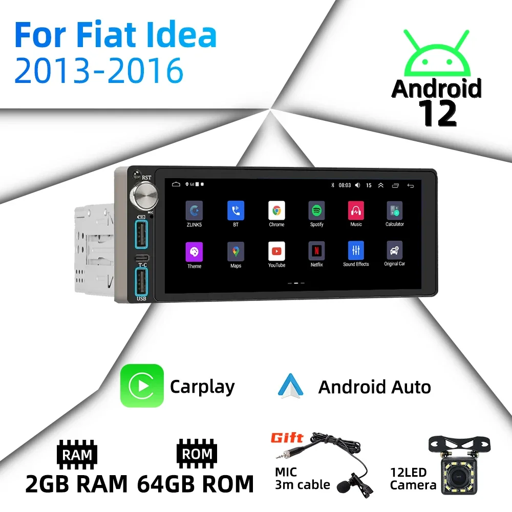 

6,86 "экран Android автомобильный мультимедиа для Fiat Idea 2013-2016 1 Din радио стерео головное устройство авторадио Carplay Android Auto GPS BT