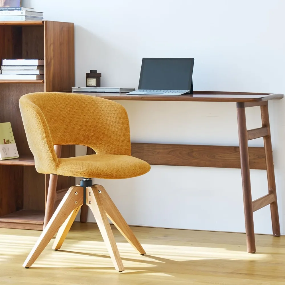 Mid Century Modern Swivel Accent Chair with Solid Wood Legs, Home Office Desk Chair No Wheels, Makeup Chair for Vanity