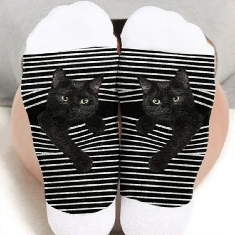 

Men's Socks Trend New Black and White Striped Animal Cat Print Plus Size Men's and Women's Mid Tube Socks