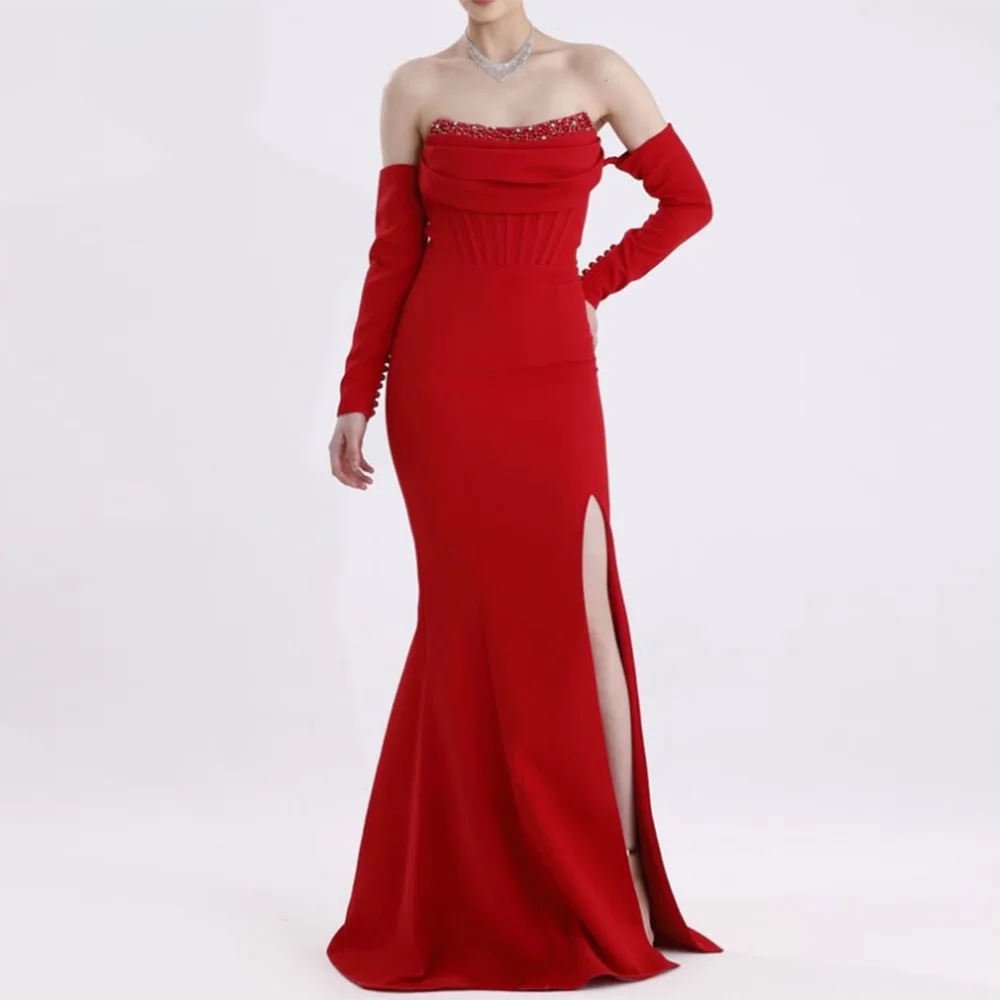 Vestidos de fiesta de sirena rojos personalizados, largo hasta el suelo, sin tirantes, manga tres cuartos, vestido de noche de moda con abertura lateral de cristal y espalda descubierta