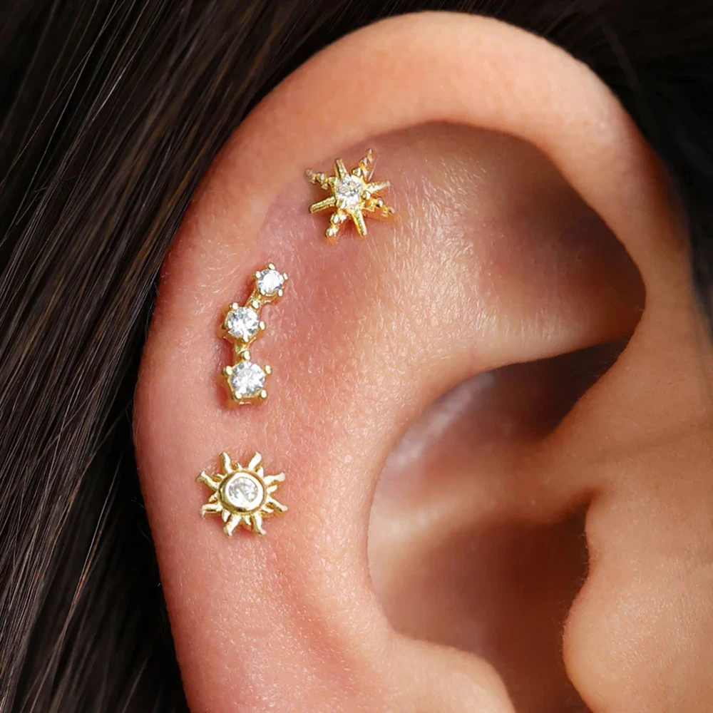 3-teiliges Set Edelstahl-Stern-Sonnen-Zirkon-Ohrstecker für Damen, einfache Knorpel-Piercing-Ohrringe, Punk, Unisex, Rock-Schmuck