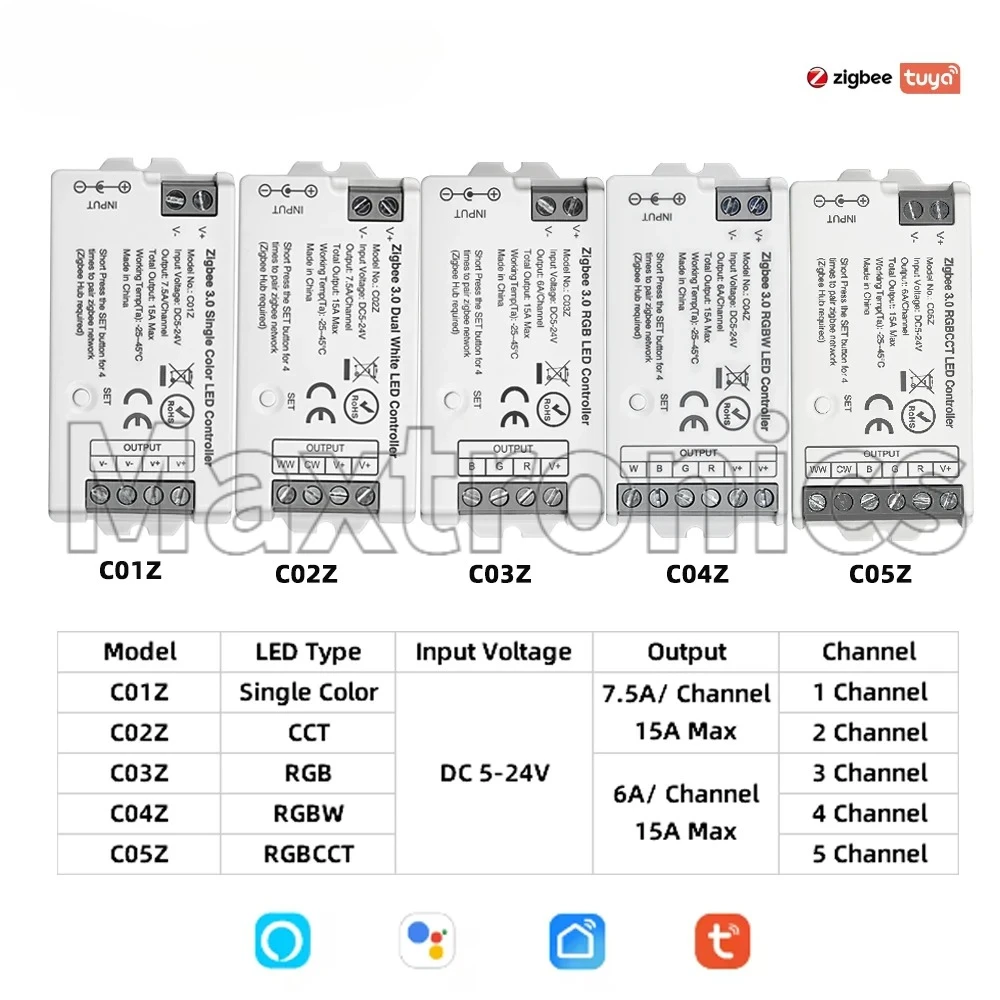 Zigbee 3.0 LED Controller DC5-24V 2.4GHz C01Z~C05Z Hue Bridg Tuya Gateway Smart Voic for Single Color RGB RGBW RGBCCT LED Strip