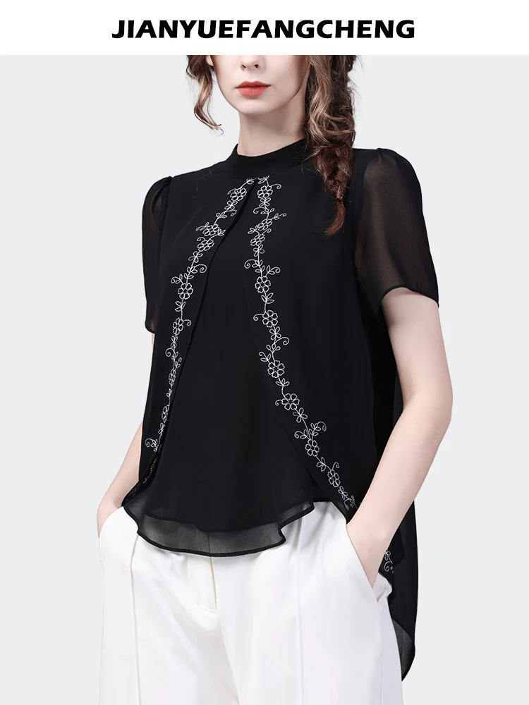 2024 Summer Design Short sleeved Black Chiffon Cloak Top Women\'s Embroidered Bottom Casual Blouses Western Style Shirt