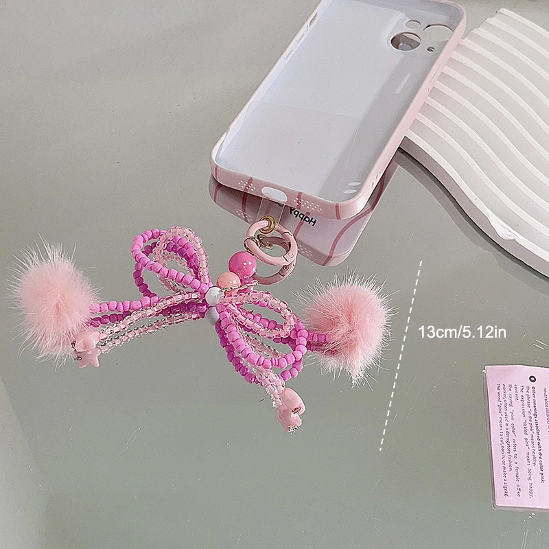 13cm Y2K Pink Bow Beaded Phone Lanyard Korean Sweet Bowknot Mobile Phone Strap Keychain Pendant For Girl Earphone Camera Charm