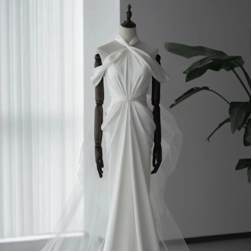 Customized Twist Halter Off Shoulder Satin Mermaid Wedding Dress Draped Waist Multi Layer Cascading Tulle Train Bridal Reception