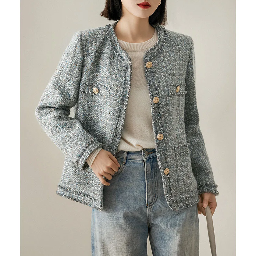 Tweed Jacket Light blue spring / autumn /winter women's jacket coat classic ladies wild ladies bright wire braided tweed jacket