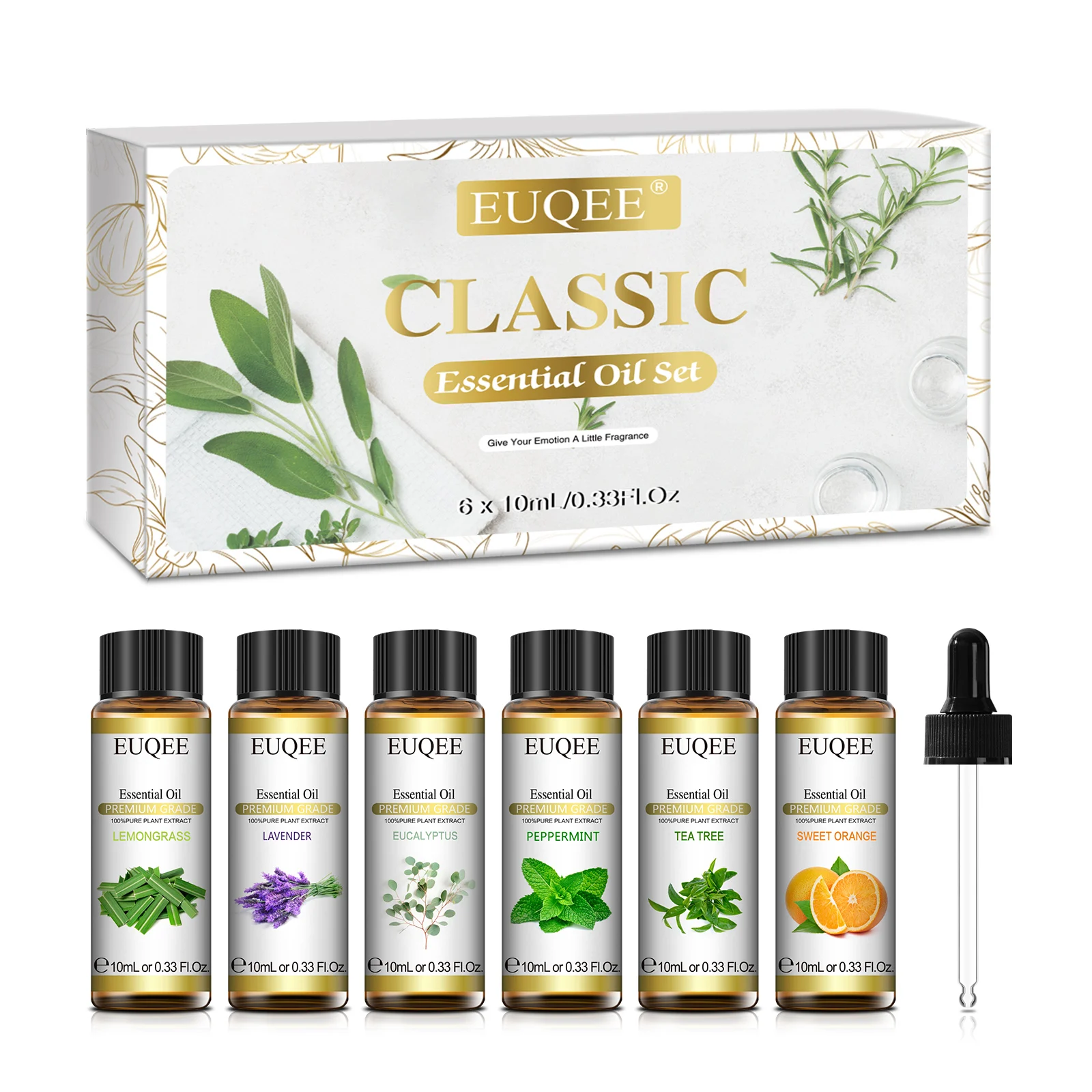 EUQEE-Óleos Essenciais Set para Difusor, DIY, Sabão, Fabricação de Vela, Hortelã-Pimenta, Lavanda, Laranja Doce, Capim-Limão, Eucalipto, 6 Garrafas