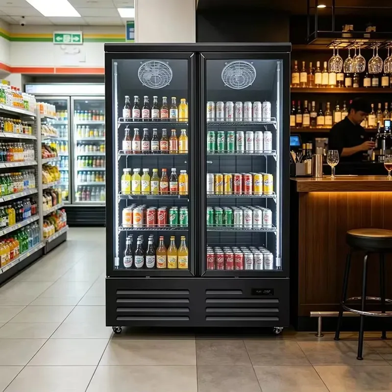 Commercial stainless steel beverage cooling refrigerator with glass door display, digital temperature control, and