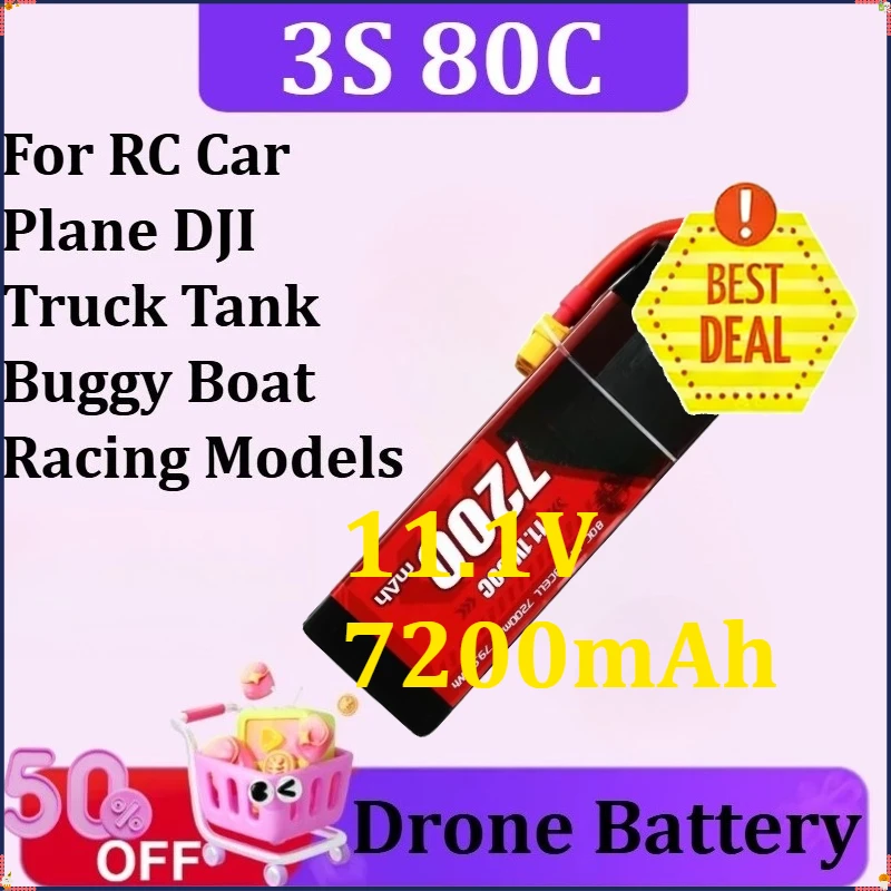 

For RC Car Plane DJI Truck Tank Buggy Boat Racing Models Lipo Battery 11.1V 7200mAh 3S 80C High Magnification Toy Drone Battery