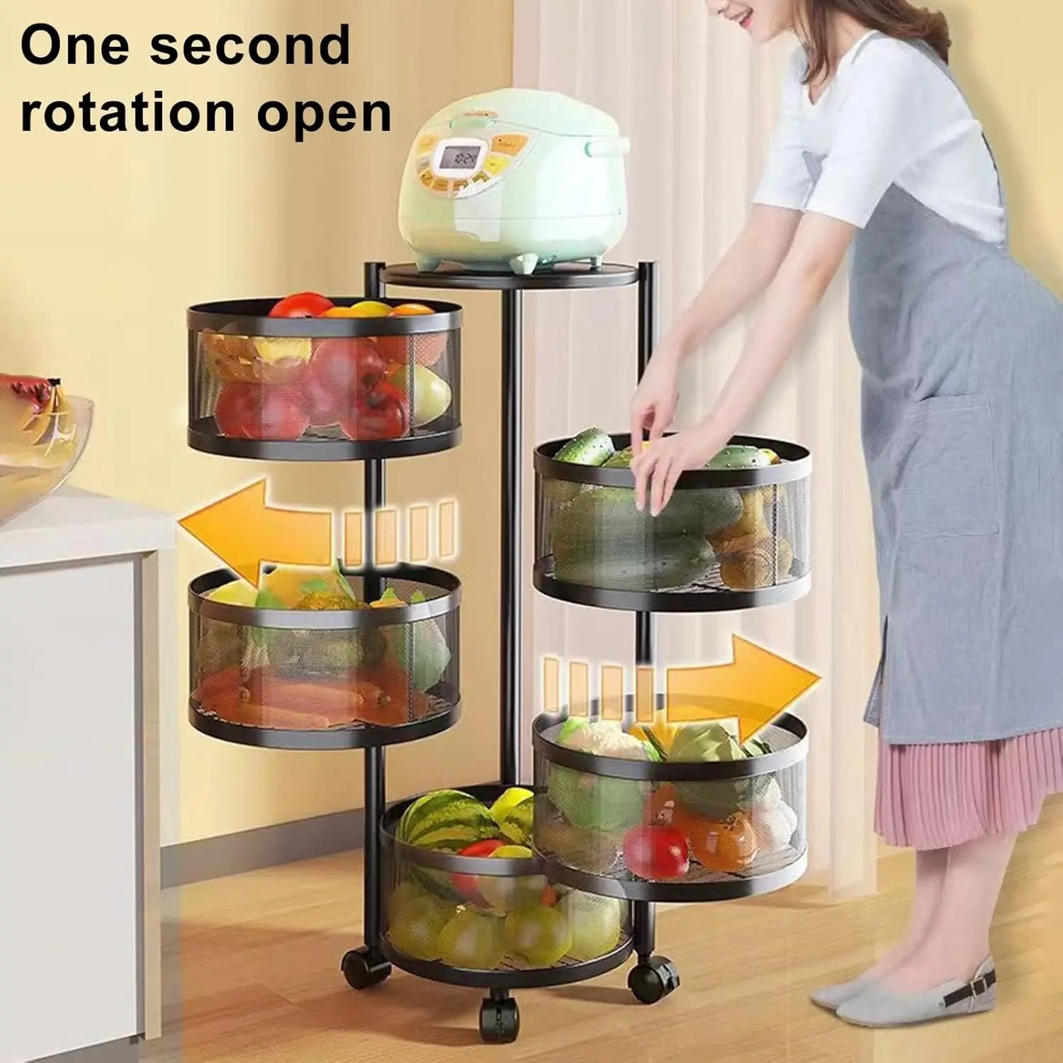 Kitchen Rotating Fruit Basket, 5 Tier Round Storage Basket Cart Metal Wire Vegetable Shelf 360 Degree Wheels Kitchen Rack with