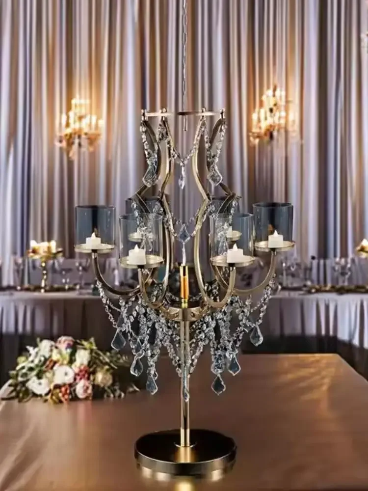 6 Head Gold Metal Candle Holder Tall Crystal Flower Stand Luxury Wedding Candle Holder for Gold Centerpieces Table Decoration 5