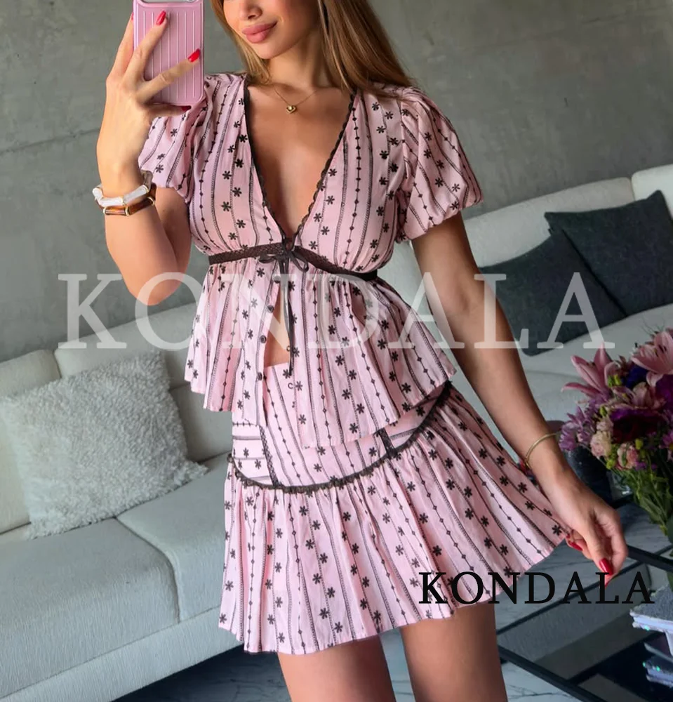 KONDALA Women Summer Chic Embroidery Skirts Set Holiday Elegant Lace V-Neck Shirt,Mini Culottes 2026 Trendy Party Sweet Cute Set - view 2