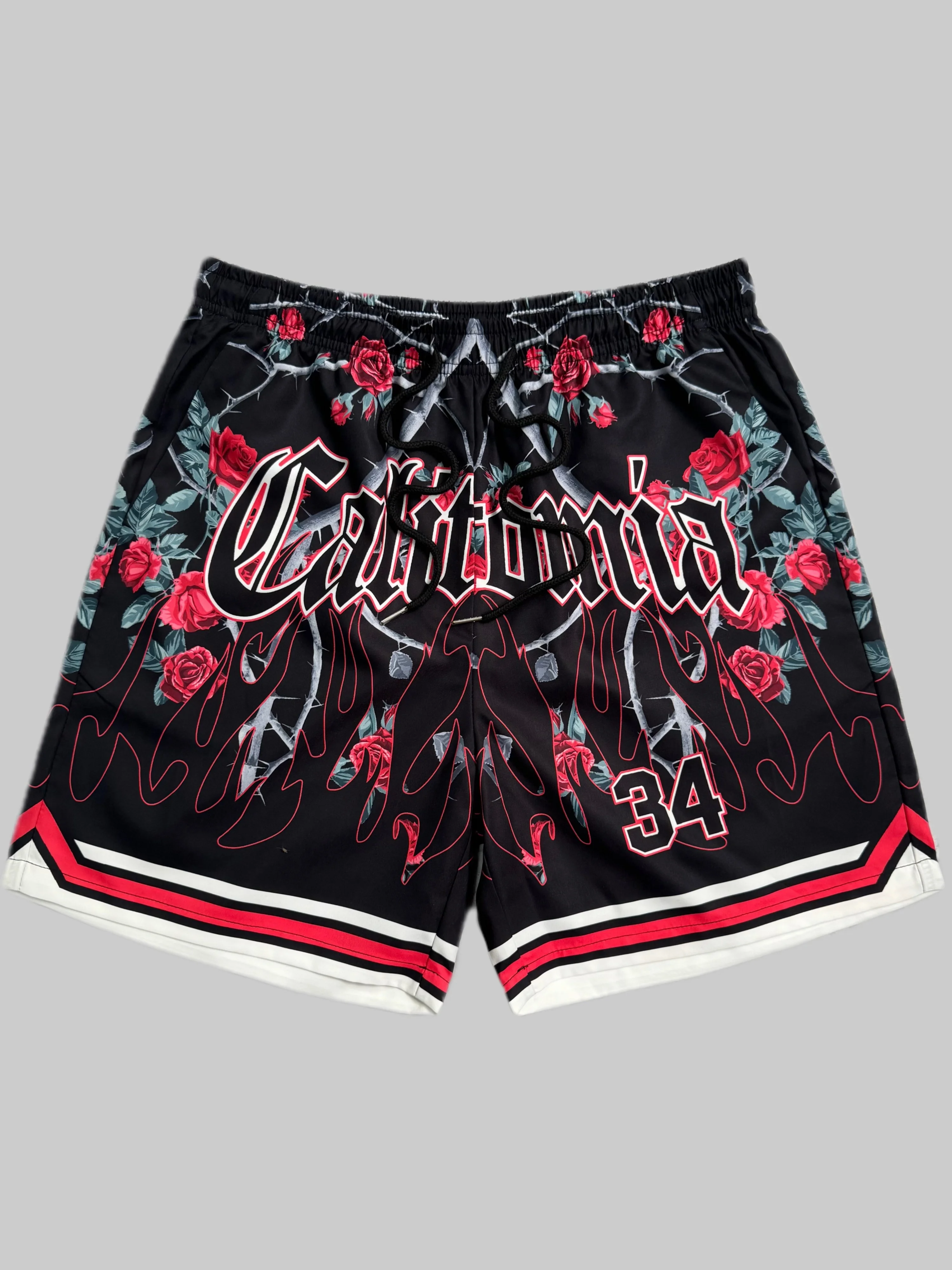 3D Stylish Rose & Fire Print Drawstring Shorts Flat Front, Chic Summer Fashion Shorts with Pockets for Sports Basketball