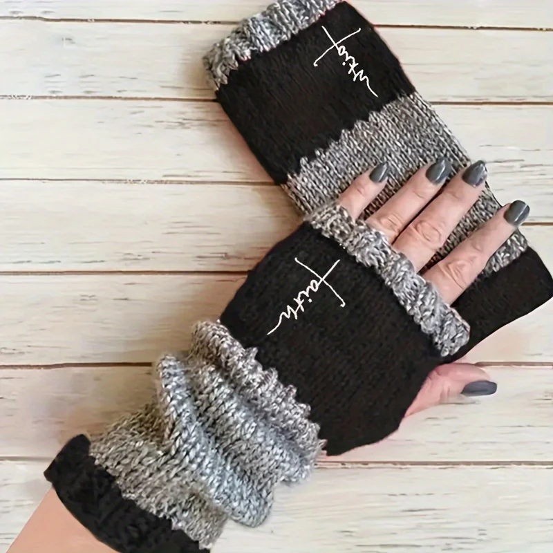 Vintage-Inspired Women's Warm Gloves with Embroidered Cross Design - Stretchy, Color Block Fingerless Mittens for Autumn & Winte