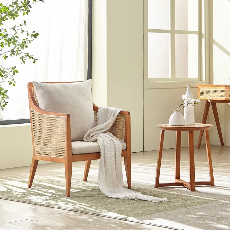 

Solid wood rattan chair, side table, combination, homestay, living room, balcony, leisure chair, rattan, retro, single chair